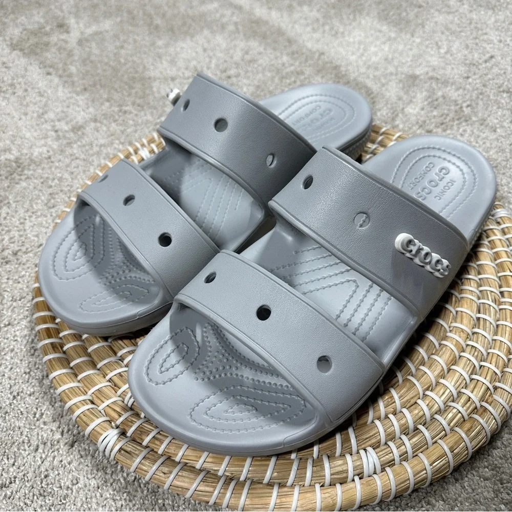 Crocs Men’s Classic Smiley Sandal Slip On Slippers Two Straps in Light Gray 11